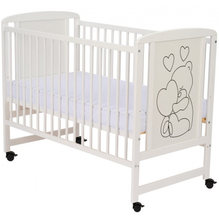 Patut din lemn Timmi Heart 120x60 cm, cu roti, din lemn de pin, MDF, Somiera reglabila, Alb - Qmini [1]