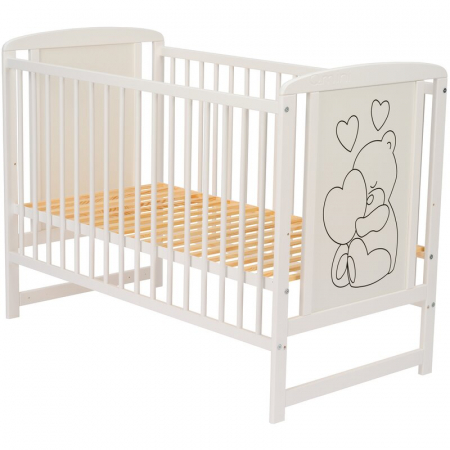 Patut din lemn Timmi Heart 120x60 cm, cu roti, din lemn de pin, MDF, Somiera reglabila, Alb - Qmini [9]