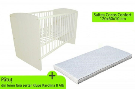 Patuturi lemn pana la 120 x 60 cm - Patut fara sertar KLUPS KAROLINA II Alb + Saltea Cocos Confort 10 cm