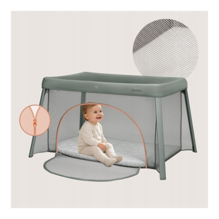 Patut multifunctional, Lionelo, Mila, 2 in 1, Saltea 4 cm cu spuma T25, 2 niveluri de inaltime, Pliere rapida, Intrare laterala, Geanta de transport inclusa, 0-36 luni, Pana la 15 kg, Verde [12]
