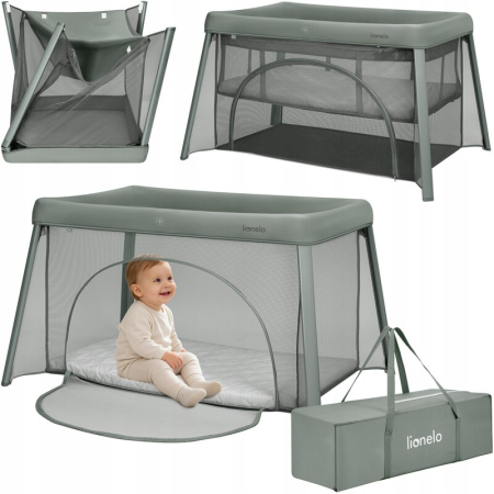 Patut multifunctional, Lionelo, Mila, 2 in 1, Saltea 4 cm cu spuma T25, 2 niveluri de inaltime, Pliere rapida, Intrare laterala, Geanta de transport inclusa, 0-36 luni, Pana la 15 kg, Verde [2]