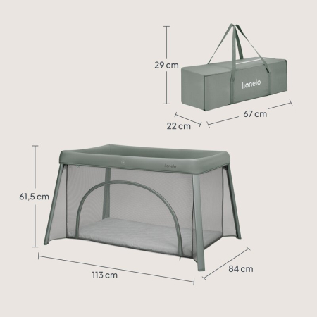 Patut multifunctional, Lionelo, Mila, 2 in 1, Saltea 4 cm cu spuma T25, 2 niveluri de inaltime, Pliere rapida, Intrare laterala, Geanta de transport inclusa, 0-36 luni, Pana la 15 kg, Verde [11]