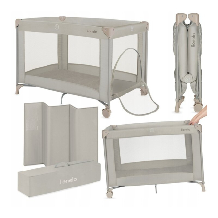 Patut pliant, Lionelo, Amelie, cu intrare laterala, 100.5-70.5 cm, Include salteluta, roti, geanta pentru transport, Constructie usoara- 7 kg, Cadru stabil din otel, Bej [2]