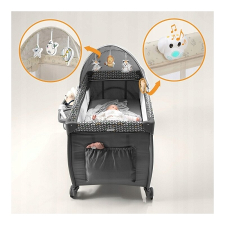 Patut pliant, Lionelo, Sven Plus, 120x60 cm, cu doua nivele, cu arcada jucarii, masuta de infasat, vibratii, melodii, Bej Latte [13]
