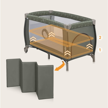 Patut pliant, Lionelo, Sven Plus, 120x60 cm, cu doua nivele, cu arcada jucarii, masuta de infasat, vibratii, melodii, Bej Olive [8]