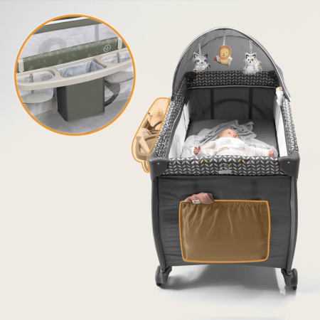 Patut pliant, Lionelo, Sven Plus, 120x60 cm, cu doua nivele, cu arcada jucarii, masuta de infasat, vibratii, melodii, Bej Olive [10]