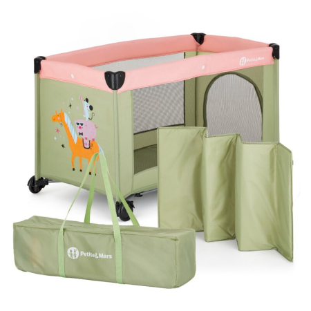 Patuturi copii - Patut pliant, Petite&Mars, Koot, 120 x 60 cm, Cu roti, Functie de tarc, Pliere compacta, Include geanta de transport, Intrare laterala cu fermoar, Pereti din plasa, Pana la 15 kg, 0-30 luni, Boho