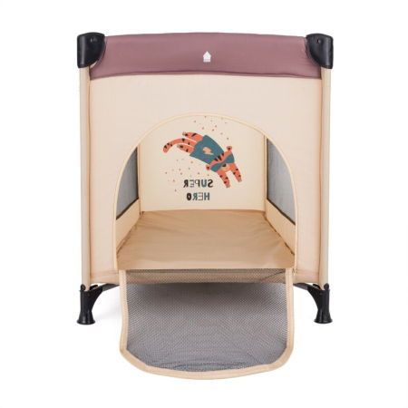 Patut pliant, Petite&Mars, Koot, 120 x 60 cm, Cu roti, Functie de tarc, Pliere compacta, Include geanta de transport, Intrare laterala cu fermoar, Pereti din plasa, Pana la 15 kg, 0-30 luni, Maro [4]