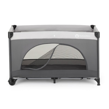 Patut pliant, Petite&Mars, Nyja, 120 x 60 cm, Cu roti, Functie de tarc, Pliere compacta, Include geanta de transport, Intrare laterala cu fermoar, Pereti din plasa, Pana la 15 kg, 0-30 luni, Gri [2]