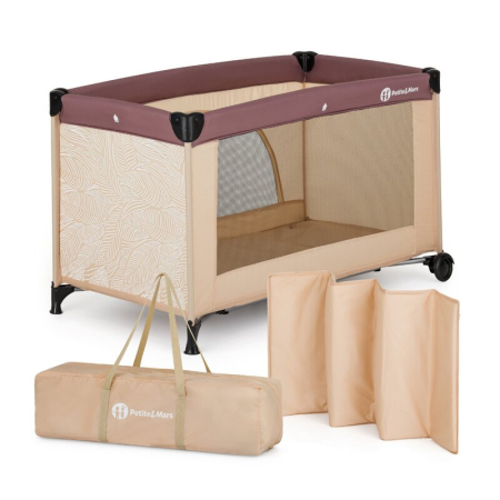 Patuturi copii - Patut pliant, Petite&Mars, Nyja, 120 x 60 cm, Cu roti, Functie de tarc, Pliere compacta, Include geanta de transport, Intrare laterala cu fermoar, Pereti din plasa, Pana la 15 kg, 0-30 luni, Maro
