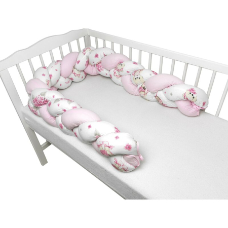 Bariere de protectie pat - Protectie laterala, MimiNu, pentru patut bebe, Tip Bumper impletit, din bumbac, din Lungime 220 cm, Pink Ballerina