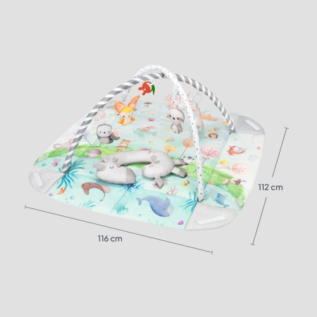 Salteluta interactiva, Lionelo, Anika, 8 jucarii senzoriale, detasabile, fosnaitoare, logopedice, Lavabila la masina, Husa din bambus, 116x112 cm, Multicolor [20]