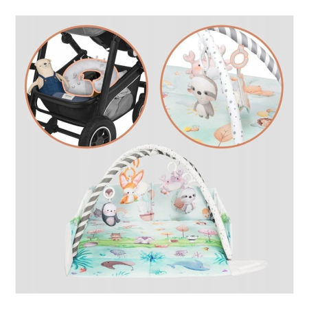 Salteluta interactiva, Lionelo, Anika, 8 jucarii senzoriale, detasabile, fosnaitoare, logopedice, Lavabila la masina, Husa din bambus, 116x112 cm, Multicolor [15]