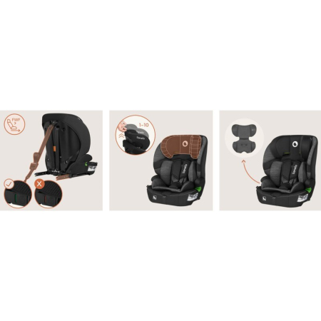 Scaun auto i-Size, Lionelo, Billy , 76 -150 cm, 1/2/3, Isofix + top tether, Tetiera reglabila in 10 pozitii, Insertie ergonomica, Tapiterie lavabila, Testat la impact, Baza lata, Negru/Gri [25]