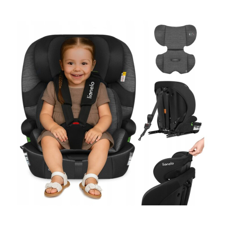 Scaun auto i-Size, Lionelo, Billy , 76 -150 cm, 1/2/3, Isofix + top tether, Tetiera reglabila in 10 pozitii, Insertie ergonomica, Tapiterie lavabila, Testat la impact, Baza lata, Negru/Gri [24]