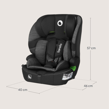 Scaun auto i-Size, Lionelo, Billy , 76 -150 cm, 1/2/3, Isofix + top tether, Tetiera reglabila in 10 pozitii, Insertie ergonomica, Tapiterie lavabila, Testat la impact, Baza lata, Negru/Gri [18]