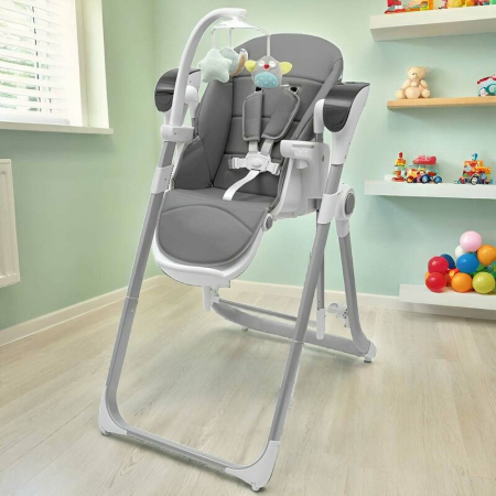 Scaun de masa 2 in 1, New Baby, Smart, Poate fi utilizat si ca leagan pentru copii, cu telecomanda, Spatar reglabil in 4 pozitii, cu 5 viteze de leganare, cu melodii si jucarii, 0-36 luni, Grey [1]