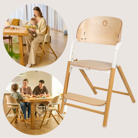 Scaun de masa multifunctional Celia, Lionelo, din lemn de fag, 6 luni- adult, Spatar lat, Sezut ergonomic, Tavita silicon, Suport de picioare reglabil, Greutate maxima 90 Kg, Alb/Natural [31]