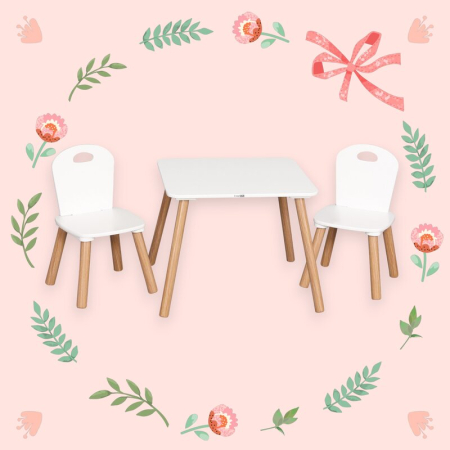 Set masuta si doua scaune, FreeON, Athena, pentru copii, din lemn, Alb [1]