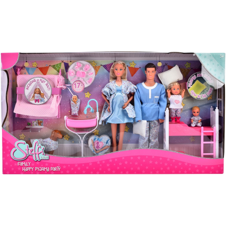 Papusi si cele necesare - Set Simba Steffi Love Family Happy Pijamas Party 29 cm cu 4 papusi, 1 caine si accesorii