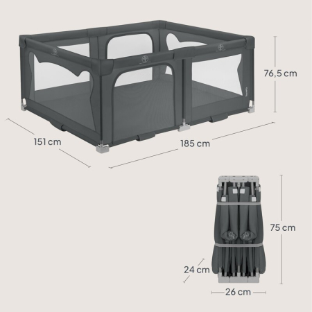 Tarc de joaca copii, Lionelo, Florence Easy Fold, 150 x 180 x 75 cm, Pliere, depliere automata, Include geanta de transport, din plasa, cu doua intrari laterale, 0-48 luni, Gri [7]