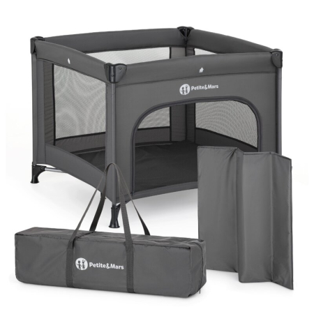 Patuturi pliabile si tarcuri de joaca - Tarc pliant, Petite&Mars, Nook, 90 x 90 cm, Pliere compacta, Include geanta de transport, Intrare laterala, Pereti din plasa, Structura stabila, Pana la 15 kg, 0 luni+, Gri