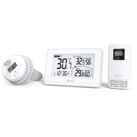 Termometre camera si baie - Termometru si higrometru digital de camera, cu senzori wireless pentru exterior si pentru apa din piscina, lumina de fundal, Airbi POOL BI1021