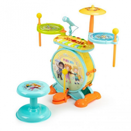 Instrumente muzicale copii - Tobe, pian si microfon pentru karaoke 2 in 1 cu LED Ecotoys HC490483