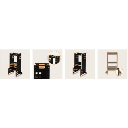 Turn de invatare Montessori, Lionelo, Cass, Functie de raft pentru carti, Pana la 30 kg, 12 luni - 6 ani, din MDF si furnir, 3 trepte de inaltime, Negru [17]