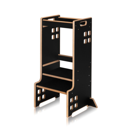 Turn de invatare Montessori, Lionelo, Cass, Functie de raft pentru carti, Pana la 30 kg, 12 luni - 6 ani, din MDF si furnir, 3 trepte de inaltime, Negru [2]