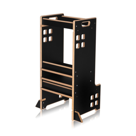 Jucarii diverse - Turn de invatare Montessori, Lionelo, Cass, Functie de raft pentru carti, Pana la 30 kg, 12 luni - 6 ani, din MDF si furnir, 3 trepte de inaltime, Negru