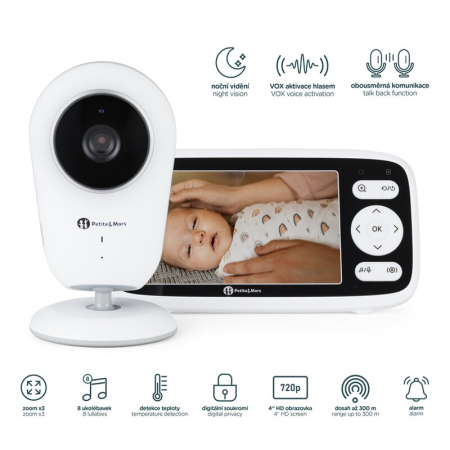 Interfoane bebelusi - Video monitor, Petite&Mars, Nano 4.0, Ecran HD, Zoom digital 3-, Raza de actiune 300m, Suport pentru pana la 4 camere, Comunicare bidirectionala, 8 melodii, Alb