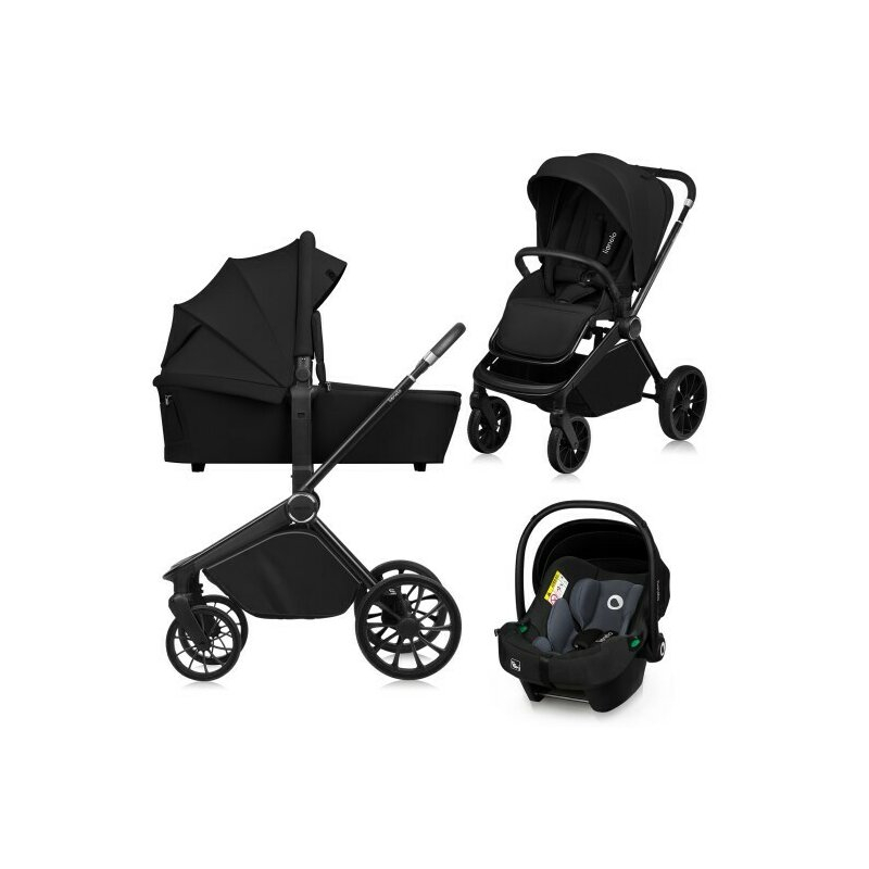 Carucior 3 in 1 Lionelo Mika Plus cadru din aluminiu cu landou intarit si salteluta moale cu scoica auto Negru