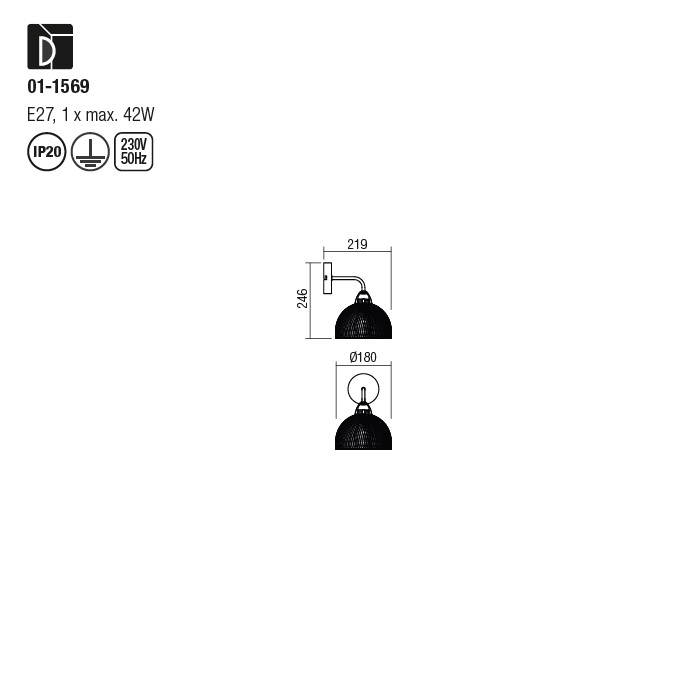 Aplica Redo Tamis, negru mat, 1XE27, 01-1569 [3]