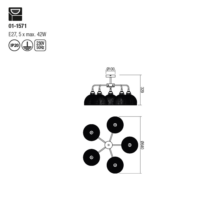 Lustra Redo Tamis, negru mat, 5XE27, 01-1571 [2]
