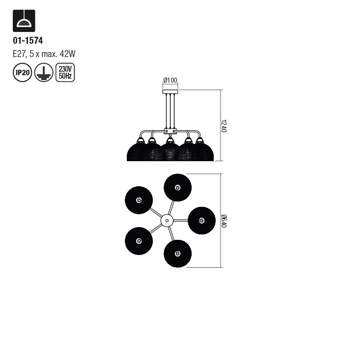 Lustra Redo Tamis, negru mat, 5XE27, 01-1574 [2]
