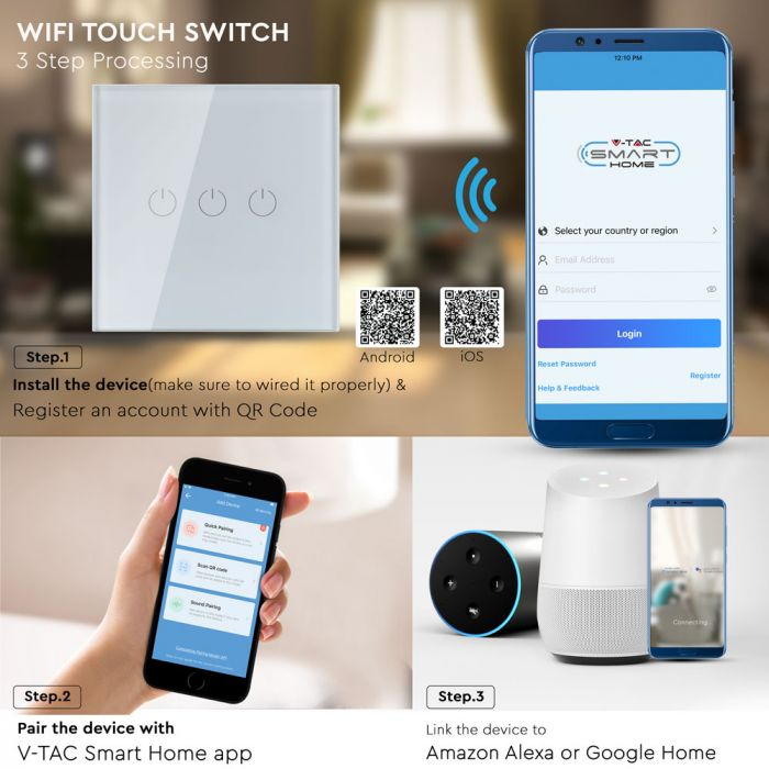 Intrerupator Alb 3 Comutatoare WIFI Compatibil Cu AMAZON ALEXA Si GOOGLE HOME [3]