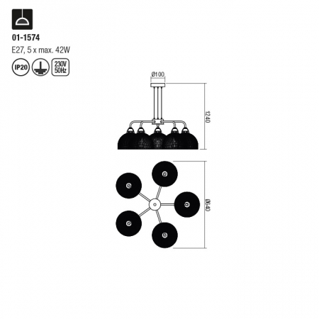 Lustra Redo Tamis, negru mat, 5XE27, 01-1574 [1]