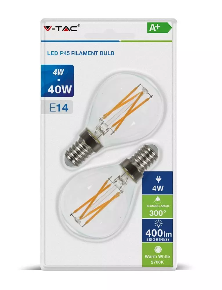 Surse de Iluminat - Bec LED 4W E14 P45 Filament cruce Blister 2 Bucati Alb Cald 7366
