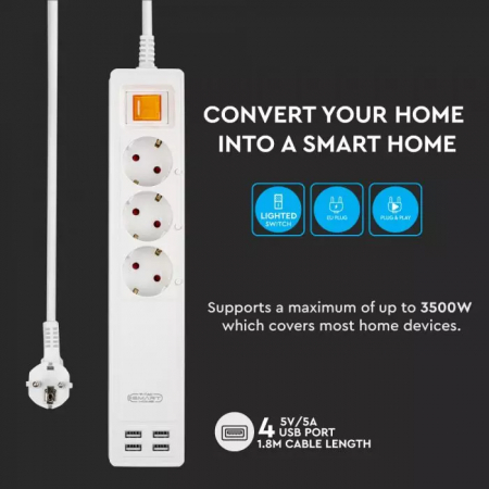 Prelungitor WIFI Inteligent Cu Intrerupator 3 Prize 4 Porturi USB Compatibil Cu AMAZON ALEXA Si GOOGLE HOME [9]