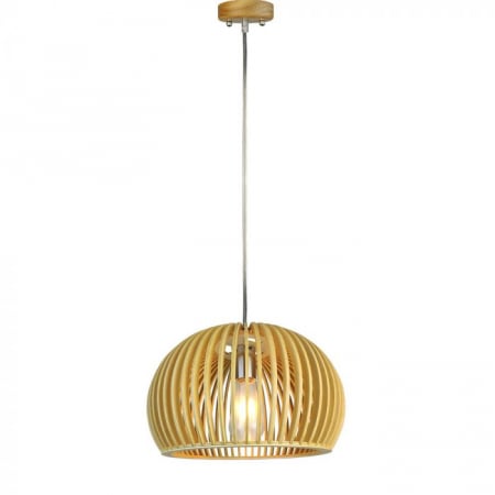 Candelabre, Lustre și Pendule LED - Pendul Tip Abajur Sferic din Lemn Si Capac Decorativ Crom E27 Ø330mm