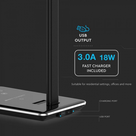 Lampă LED de Birou Neagra 5W 3 în 1 Încărcător Wireless Control Touch Protectie Ochi Port USB [5]