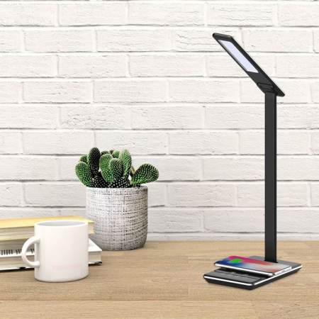 Surse de Iluminat - Lampă LED de Birou Neagra 5W 3 în 1 Încărcător Wireless Control Touch Protectie Ochi Port USB