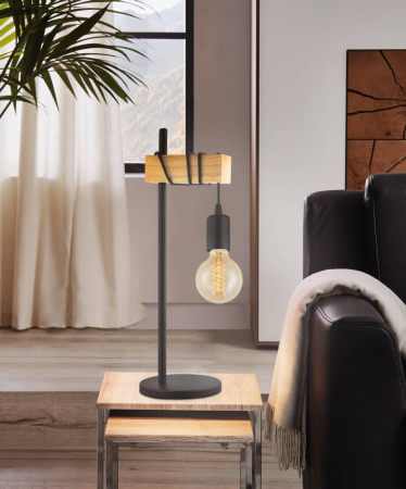 Veioza lemn EGLO TOWNSHEND 1  E27 1X10W, Negru, maro [1]