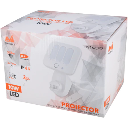 Proiector LED cu senzor miscare si alarma Evotools HGT, telecomanda, 10W, 600 lm, A+, 6500K, IP44, Alb [2]