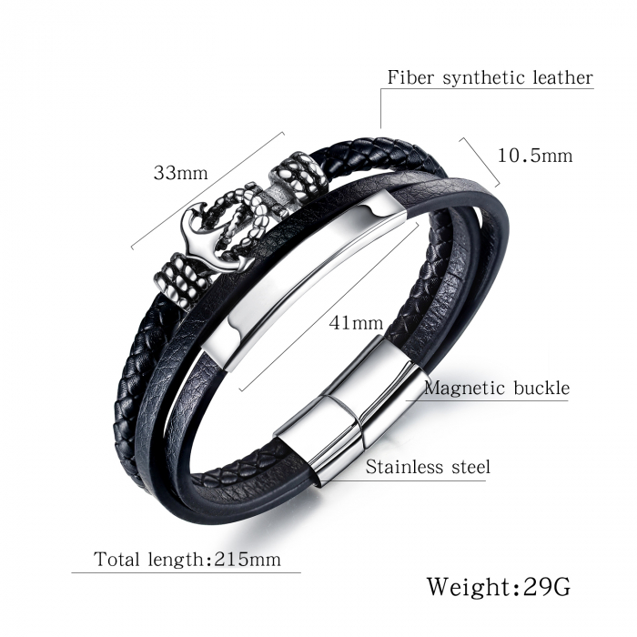 Bratara Anchor din inox si piele neagra [6]