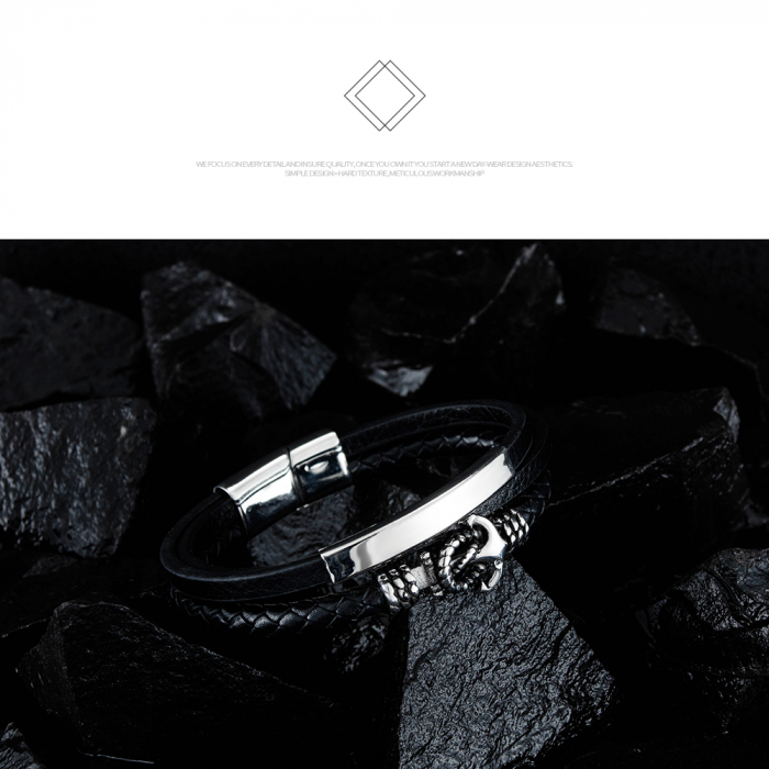 Bratara Anchor din inox si piele neagra [14]