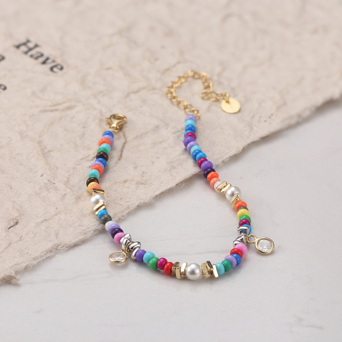 Bratara argint 925 placata cu aur 14K cu perle si zirconiu si margele din sticla colorata [6]