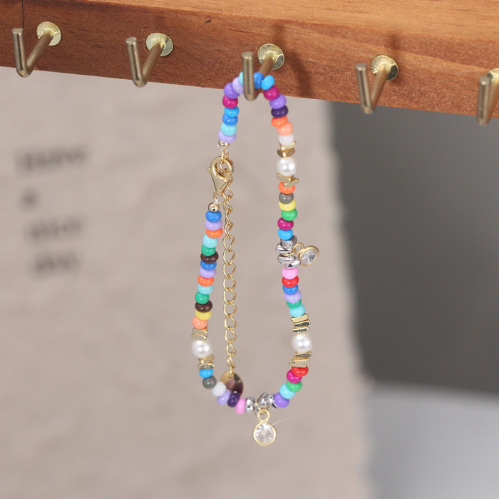 Bratara argint 925 placata cu aur 14K cu perle si zirconiu si margele din sticla colorata [7]