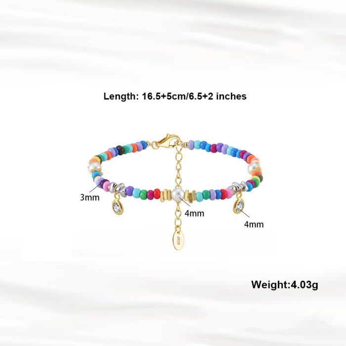 Bratara argint 925 placata cu aur 14K cu perle si zirconiu si margele din sticla colorata [5]